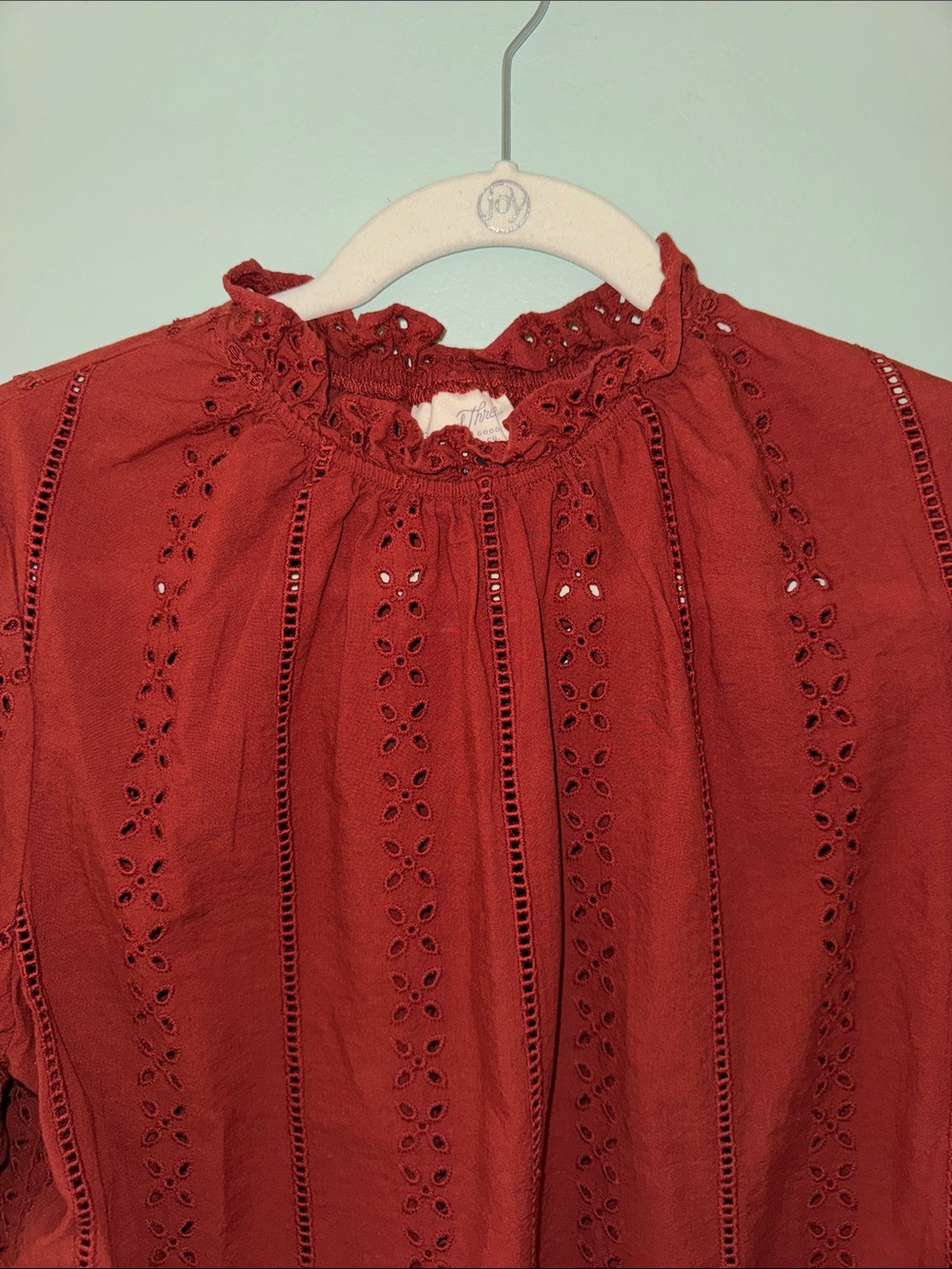 Universal Thread Rust Eyelet Ruffle Neck Blouse - Picture 3 of 5
